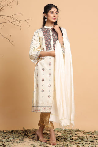 Juniper Ivory Ethnic Motif Printed Rayon Kurta With Dupatta Set - Distacart