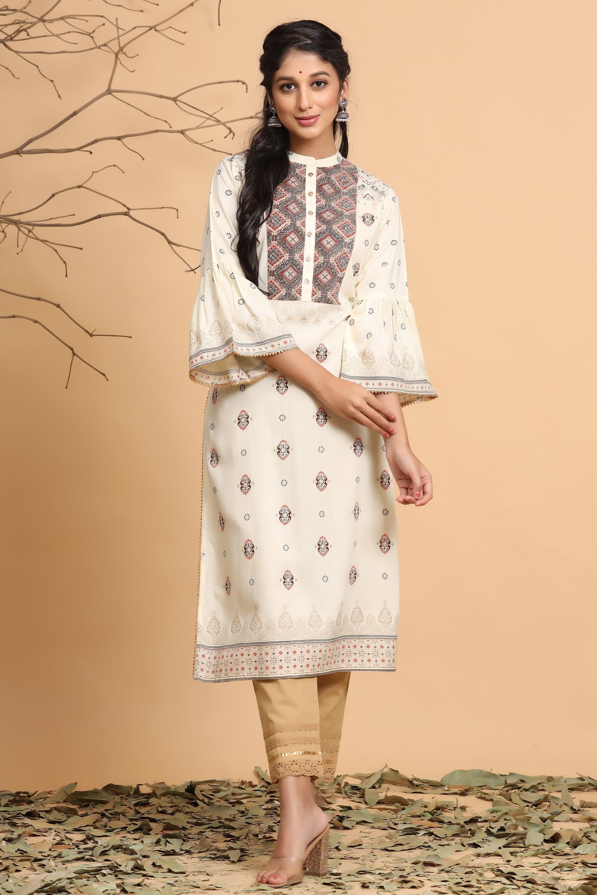Juniper Ivory Ethnic Motif Printed Rayon Kurta With Dupatta Set - Distacart