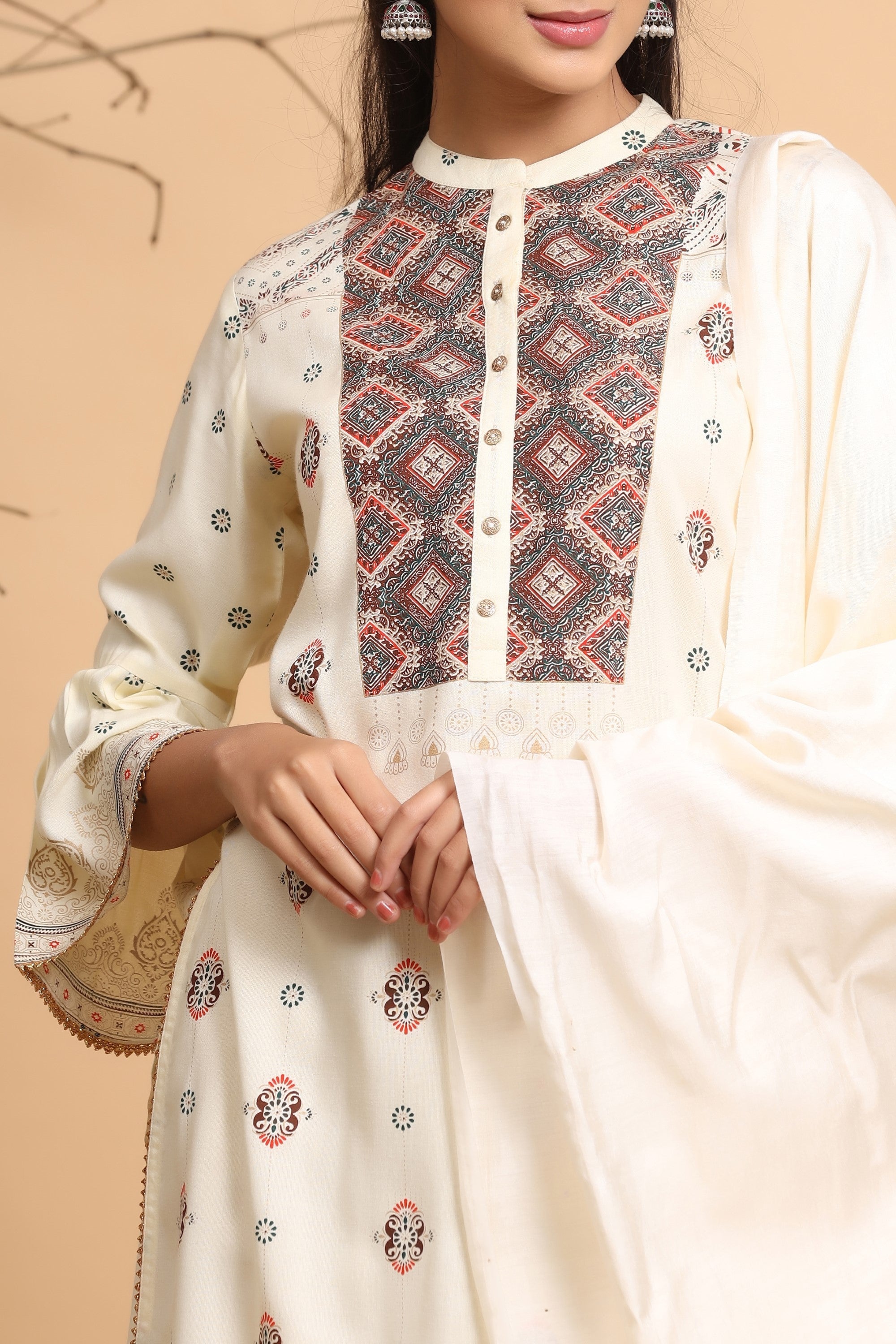 Juniper Ivory Ethnic Motif Printed Rayon Kurta With Dupatta Set - Distacart
