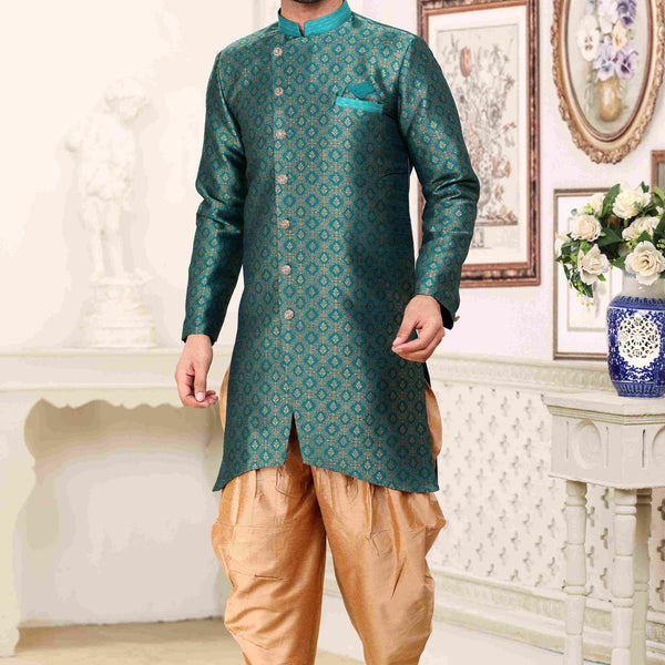 Raivat Ethnic Banarasi Jacquard Embroidery Semi Indo Western Sherwani In Green Colour - Distacart