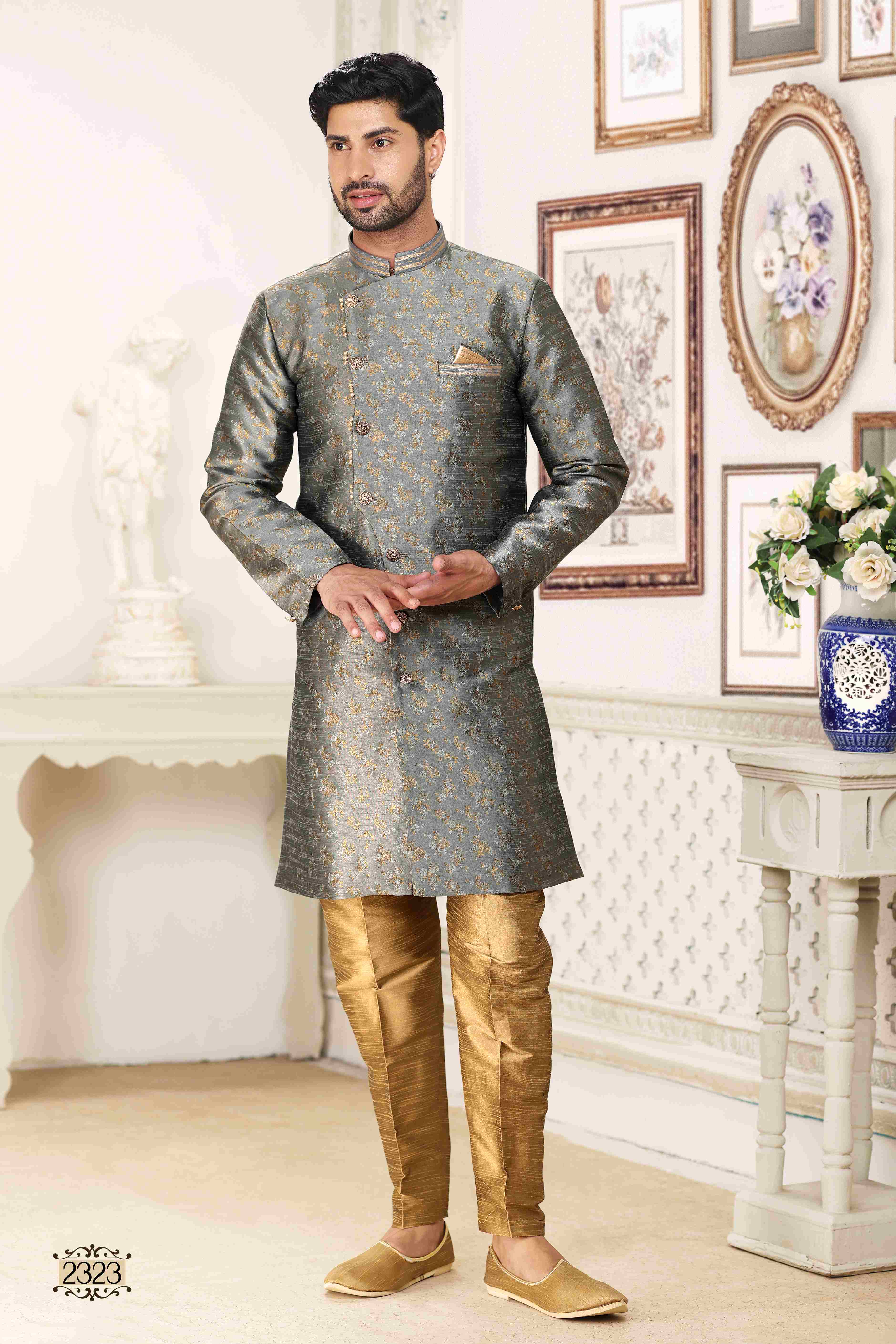 Raivat Ethnic Banarasi Jacquard Embroidery Semi Indo Western Sherwani In Grey Colour