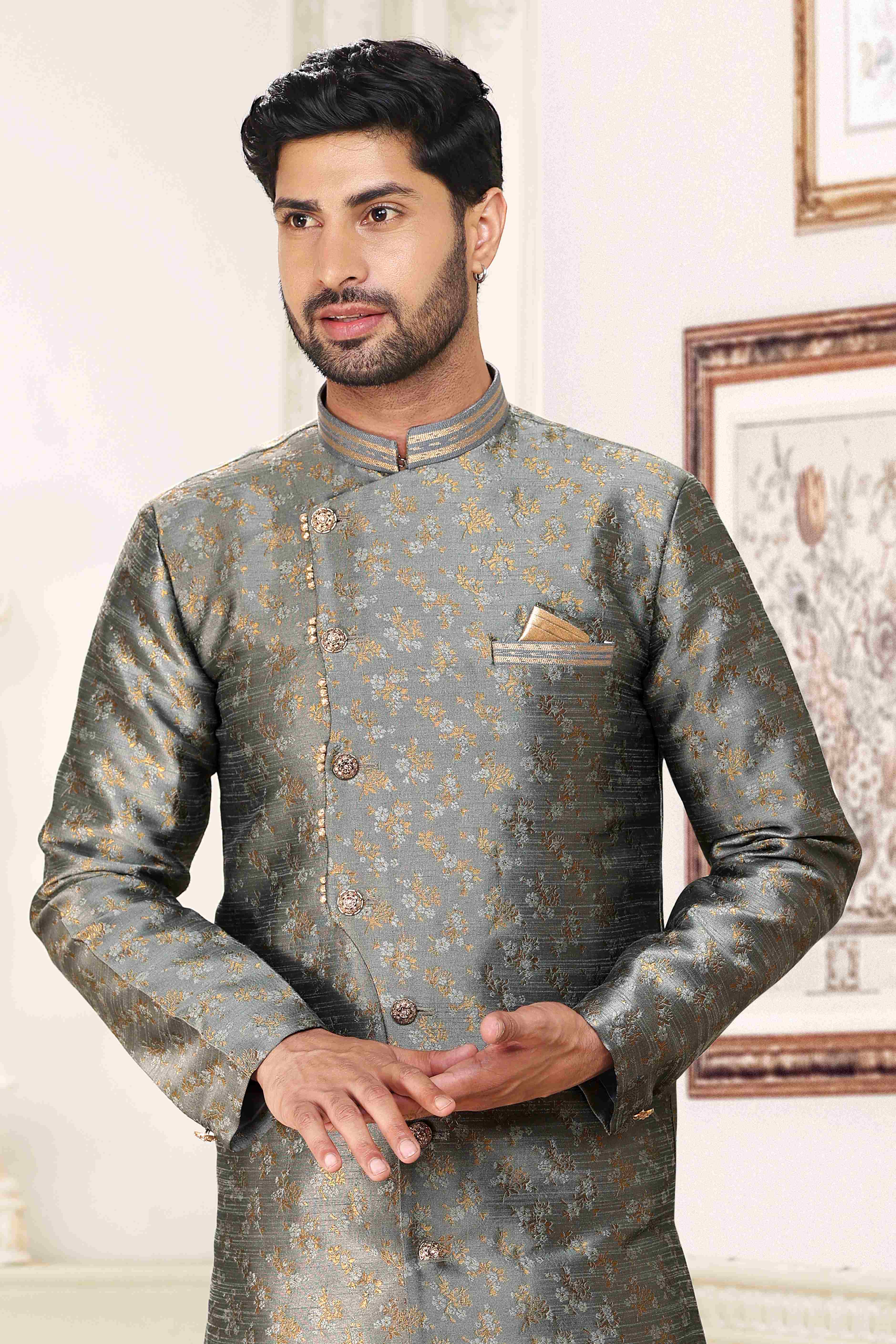 Raivat Ethnic Banarasi Jacquard Embroidery Semi Indo Western Sherwani In Grey Colour