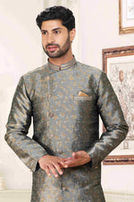 Thumbnail for Raivat Ethnic Banarasi Jacquard Embroidery Semi Indo Western Sherwani In Grey Colour
