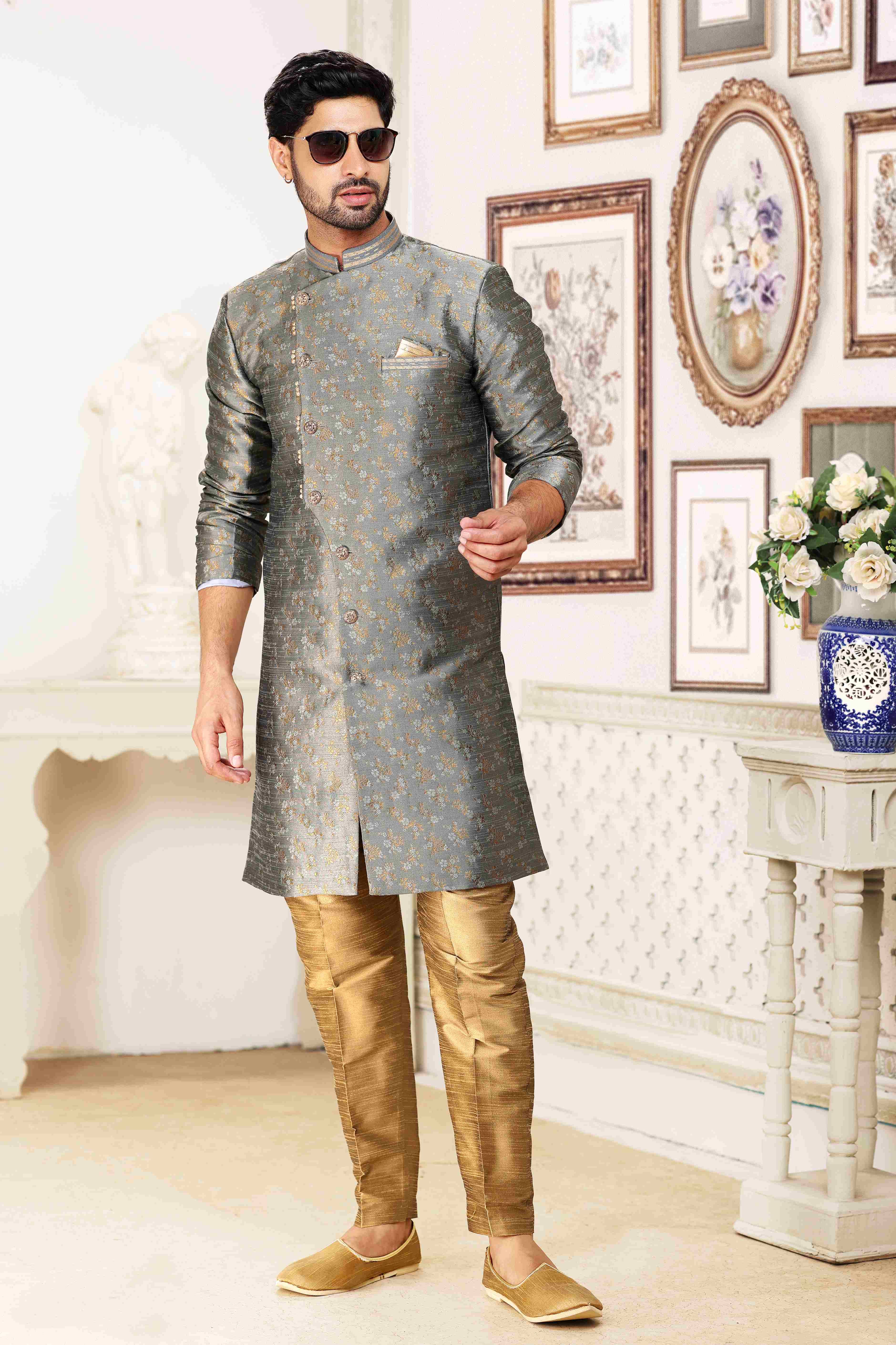 Raivat Ethnic Banarasi Jacquard Embroidery Semi Indo Western Sherwani In Grey Colour
