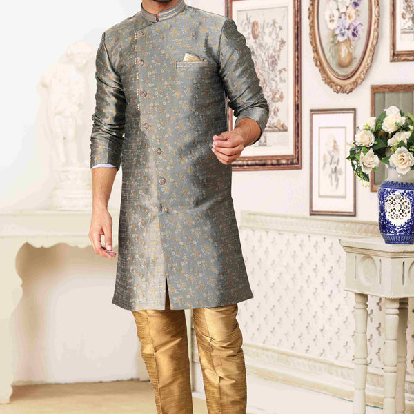 Raivat Ethnic Banarasi Jacquard Embroidery Semi Indo Western Sherwani In Grey Colour
