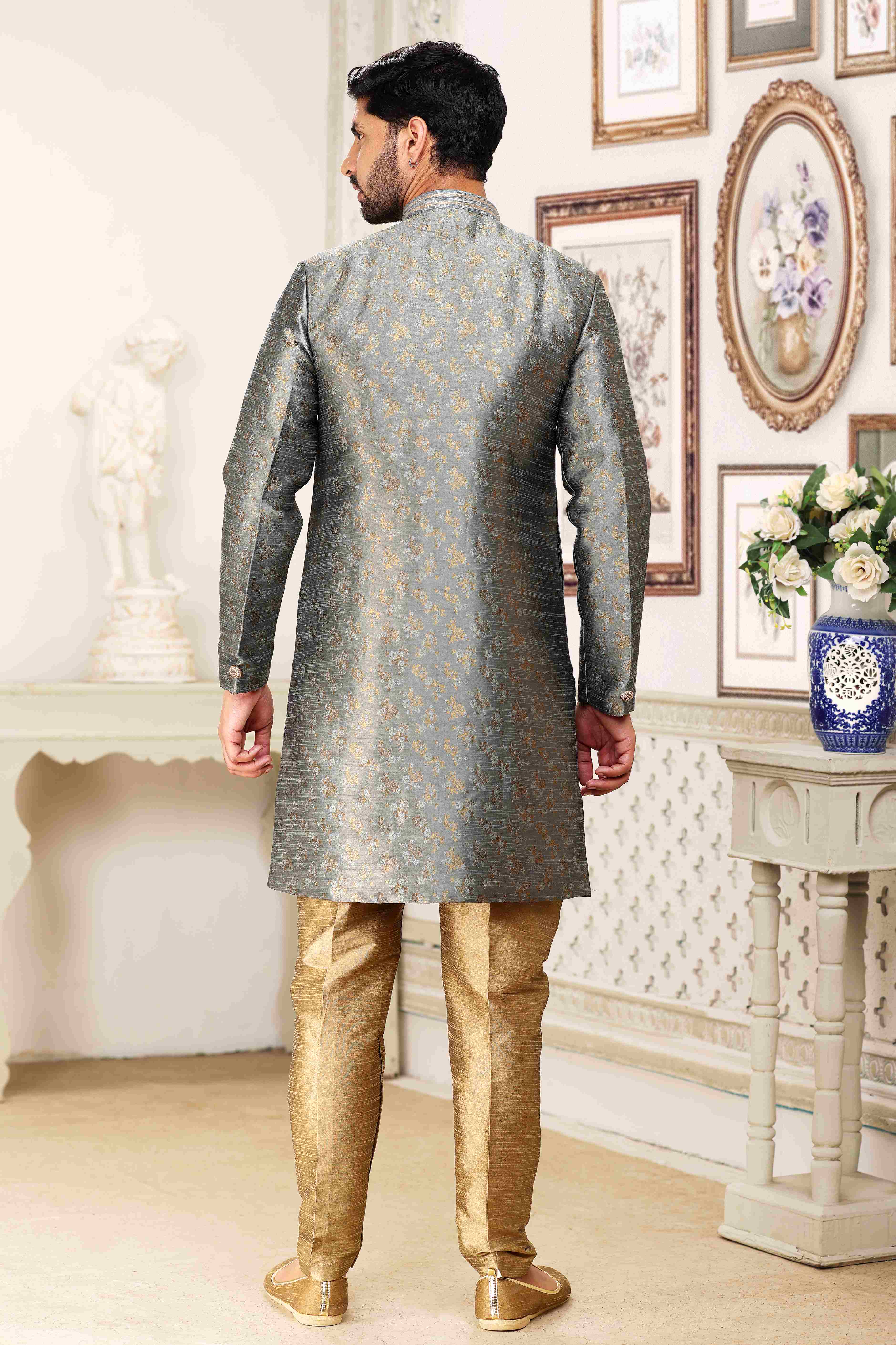 Raivat Ethnic Banarasi Jacquard Embroidery Semi Indo Western Sherwani In Grey Colour