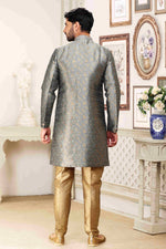 Thumbnail for Raivat Ethnic Banarasi Jacquard Embroidery Semi Indo Western Sherwani In Grey Colour