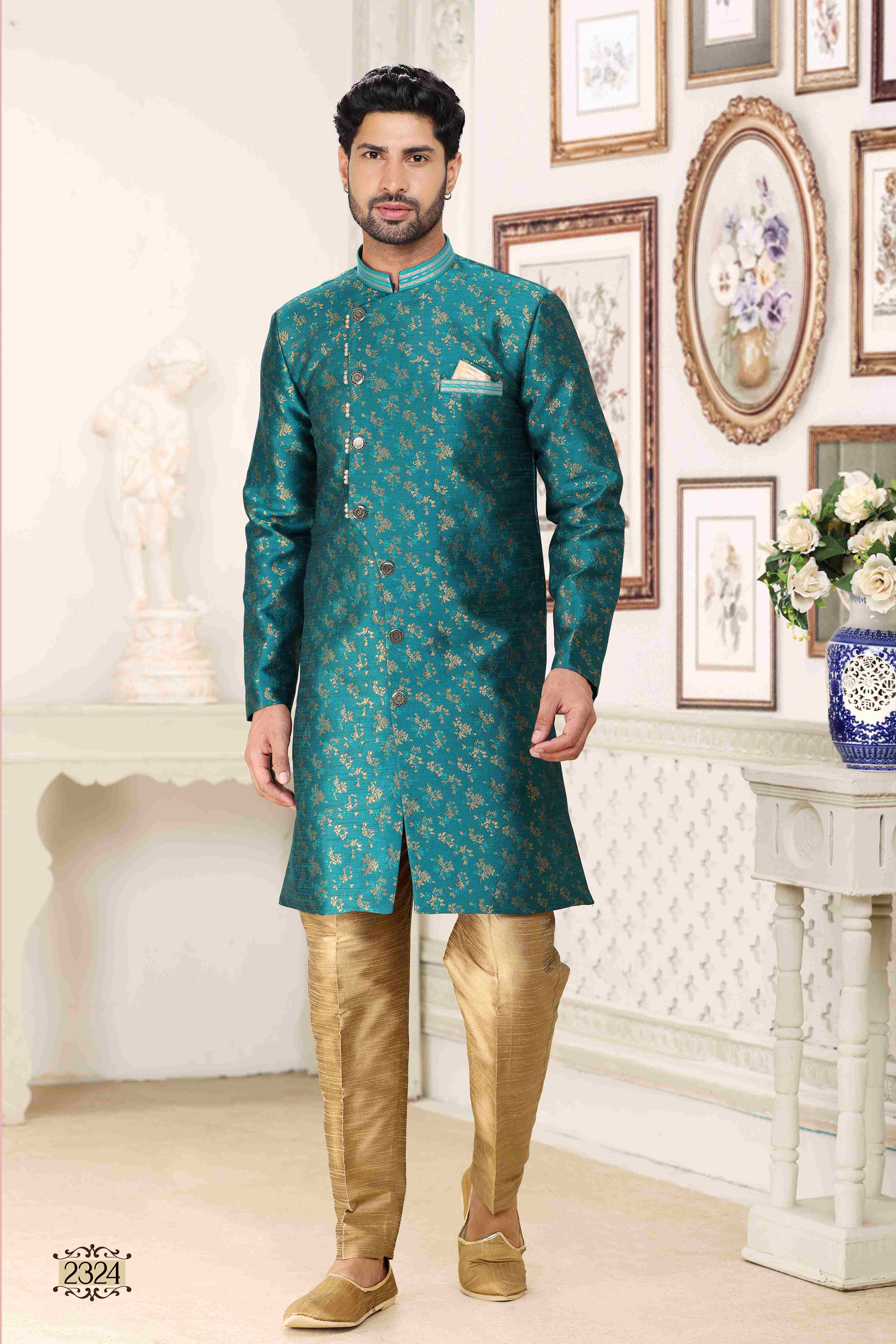 Raivat Ethnic Banarasi Jacquard Embroidery Semi Indo Western Sherwani In Green Colour