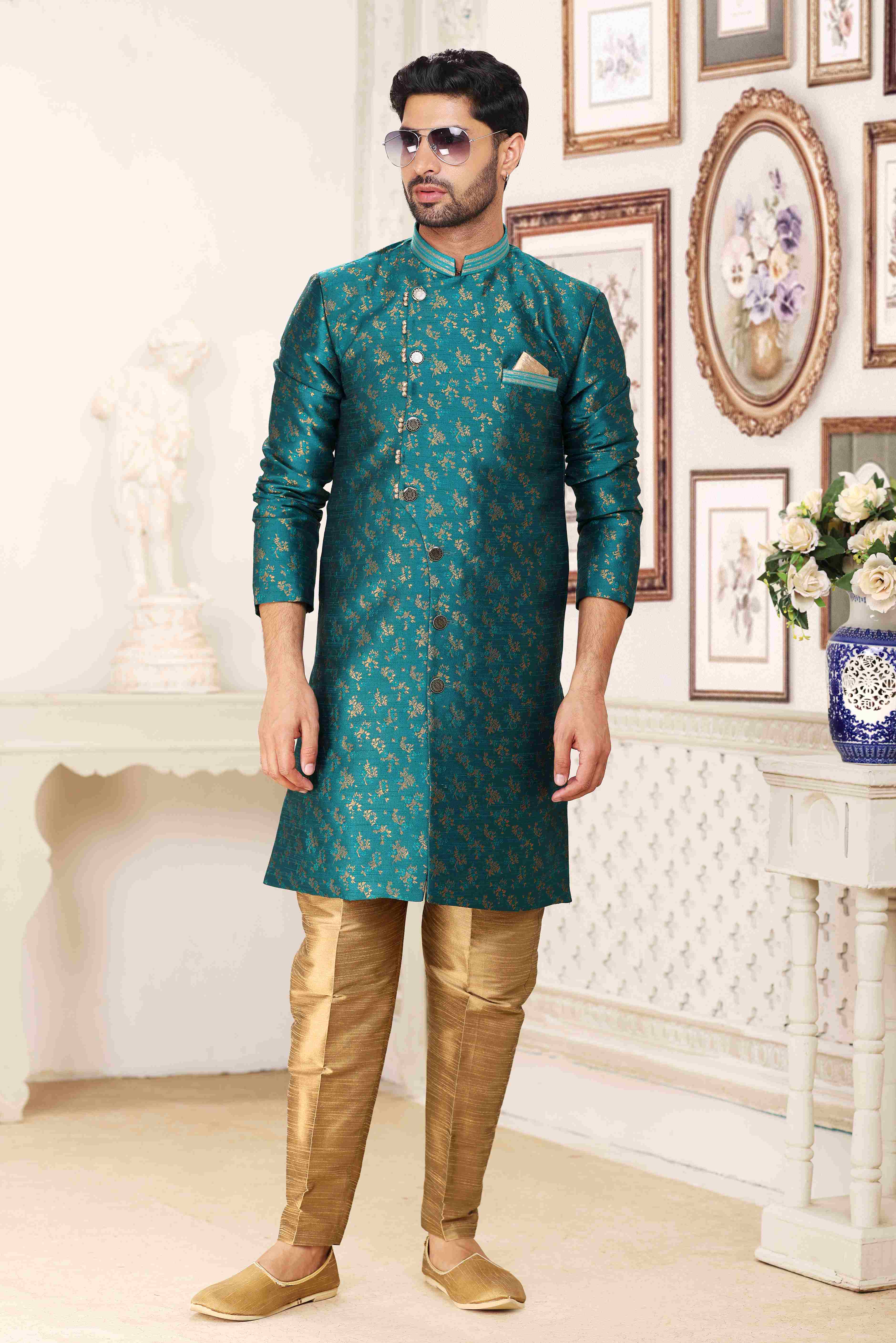 Raivat Ethnic Banarasi Jacquard Embroidery Semi Indo Western Sherwani In Green Colour