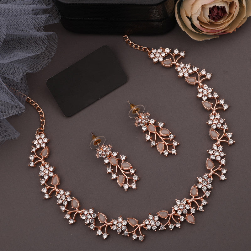 Tehzeeb Creations Rose Gold Pleated White Diamond With Gray Beads Necklace Set - Distacart