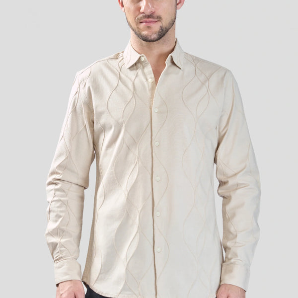 Xkind Beige Embroidery Full Sleeve Slim Fit Shirt