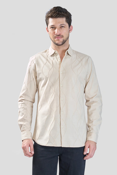 Xkind Beige Embroidery Full Sleeve Slim Fit Shirt