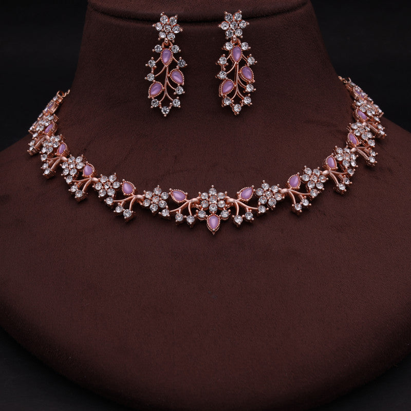 Tehzeeb Creations Rose Gold Pleated White Diamond With Lavender Beads Necklace Set - Distacart