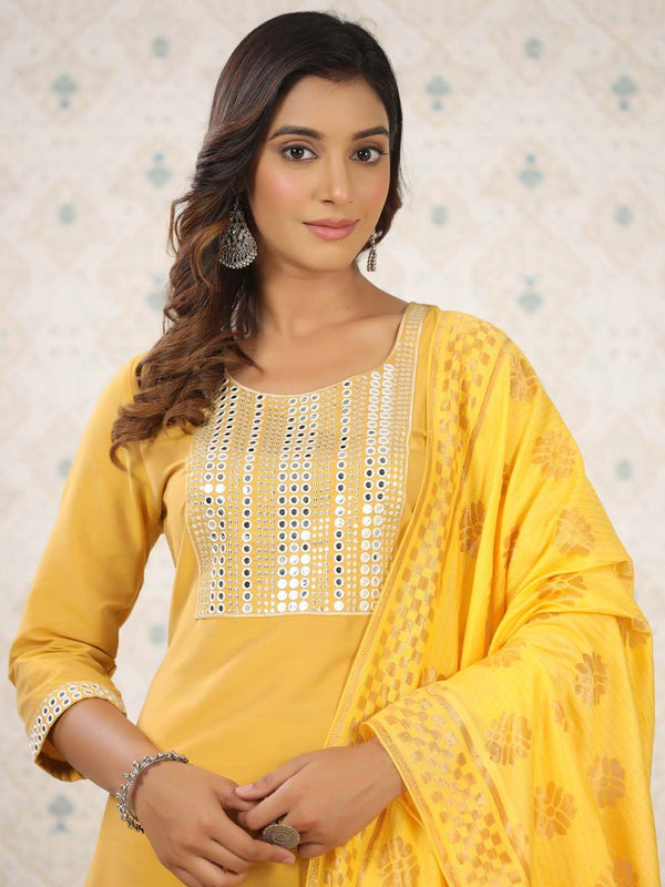 Ode by House of Pataudi Geometric Yoke Design Mirror Work Kurta with Trousers & Dupatta - Distacart