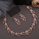 Thumbnail for Tehzeeb Creations Rose Gold Pleated White Diamond With Lavender Beads Necklace Set - Distacart