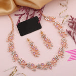 Thumbnail for Tehzeeb Creations Rose Gold Pleated White Diamond With Lavender Beads Necklace Set - Distacart