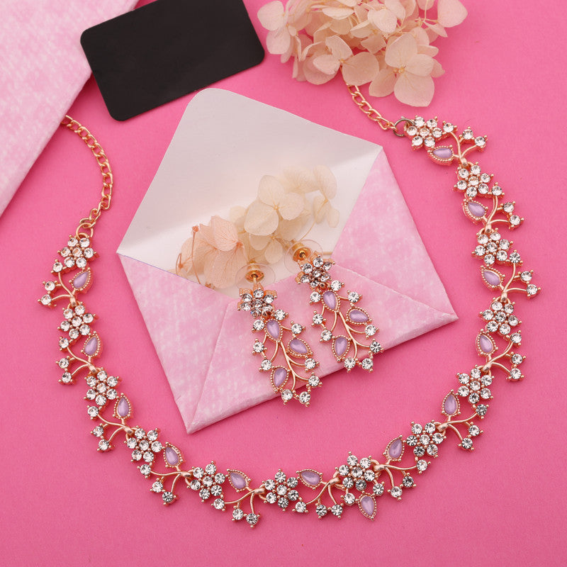 Tehzeeb Creations Rose Gold Pleated White Diamond With Lavender Beads Necklace Set - Distacart