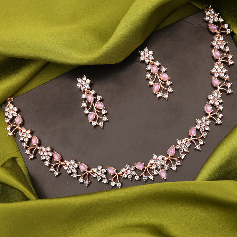 Tehzeeb Creations Rose Gold Pleated White Diamond With Lavender Beads Necklace Set - Distacart