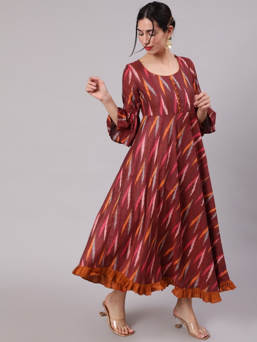 Aks Ikat Printed Pleated Pure Cotton Anarkali Kurta - Distacart