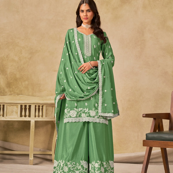 Anaita Green Heavy Chinon Palazzo Suit With Embroidery Work - Distacart