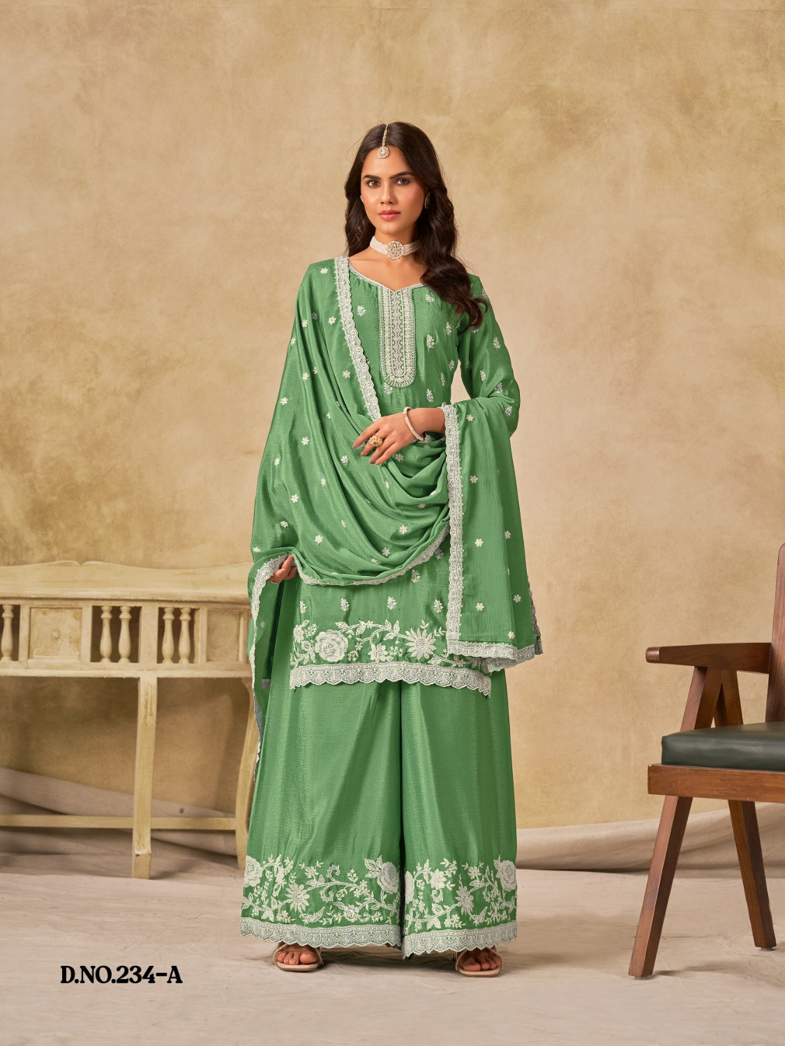 Anaita Green Heavy Chinon Palazzo Suit With Embroidery Work - Distacart