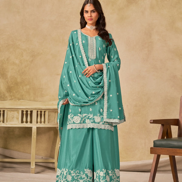 Anaita Sky Blue Heavy Chinon Palazzo Suit With Embroidery Work - Distacart