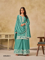 Thumbnail for Anaita Sky Blue Heavy Chinon Palazzo Suit With Embroidery Work - Distacart