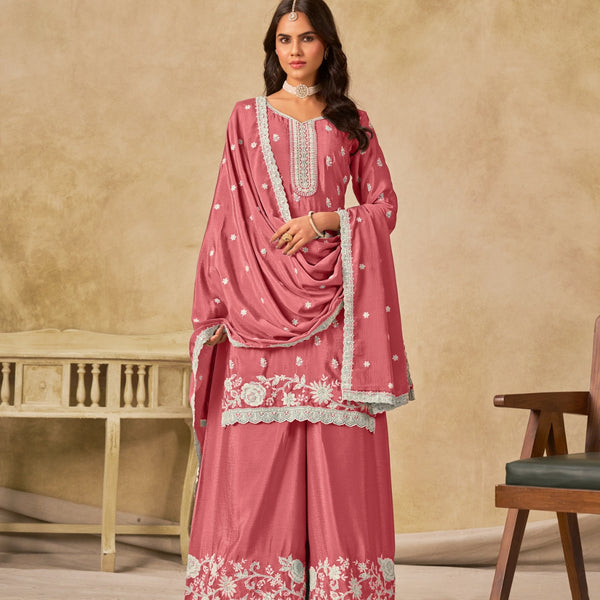 Anaita Peach Heavy Chinon Palazzo Suit With Embroidery Work - Distacart