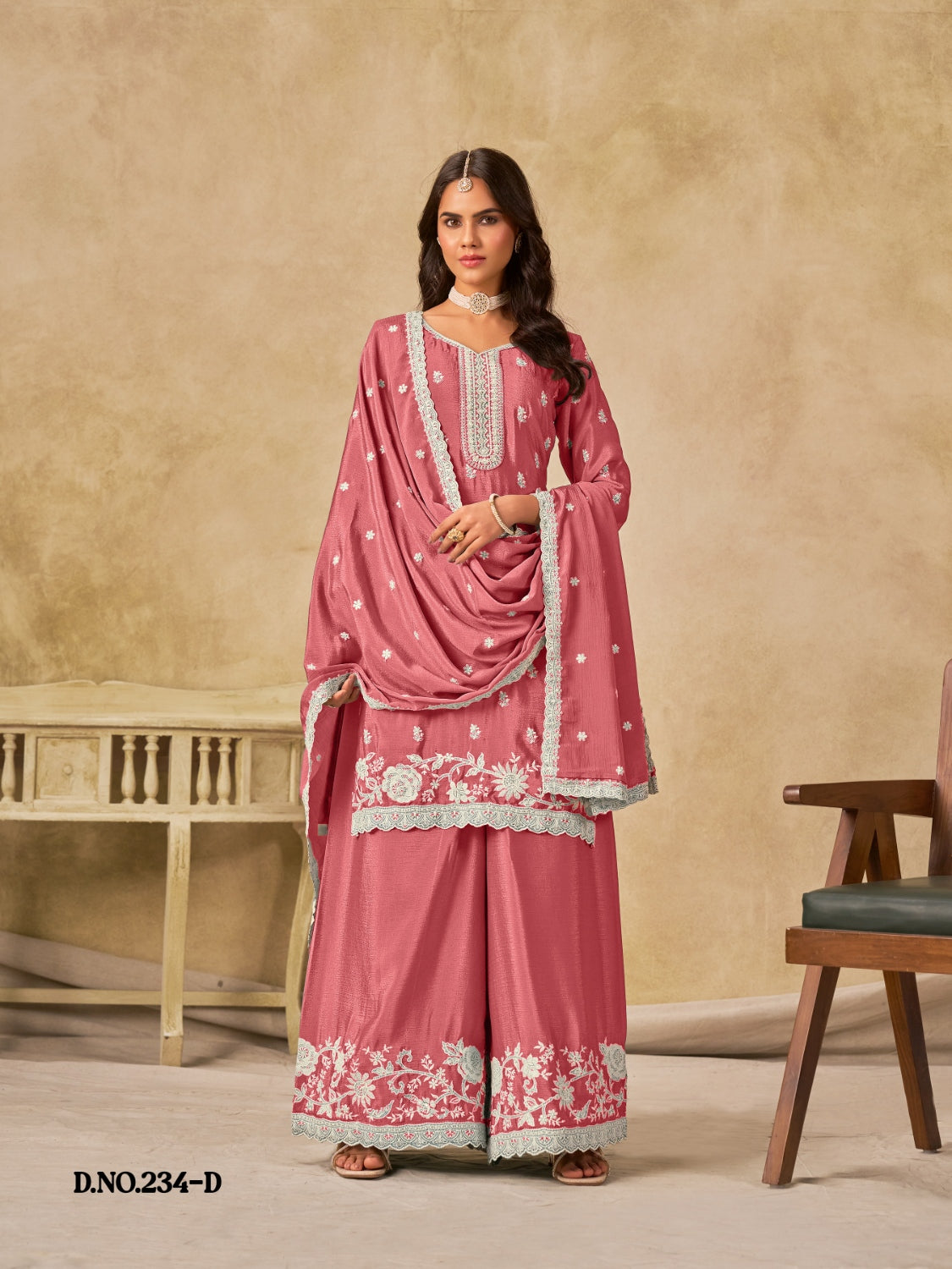 Anaita Peach Heavy Chinon Palazzo Suit With Embroidery Work - Distacart