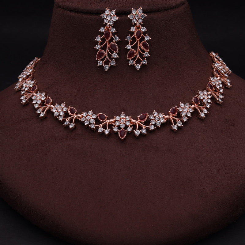 Tehzeeb Creations Rose Gold Pleated White Diamond With Maroon Beads Necklace Set - Distacart