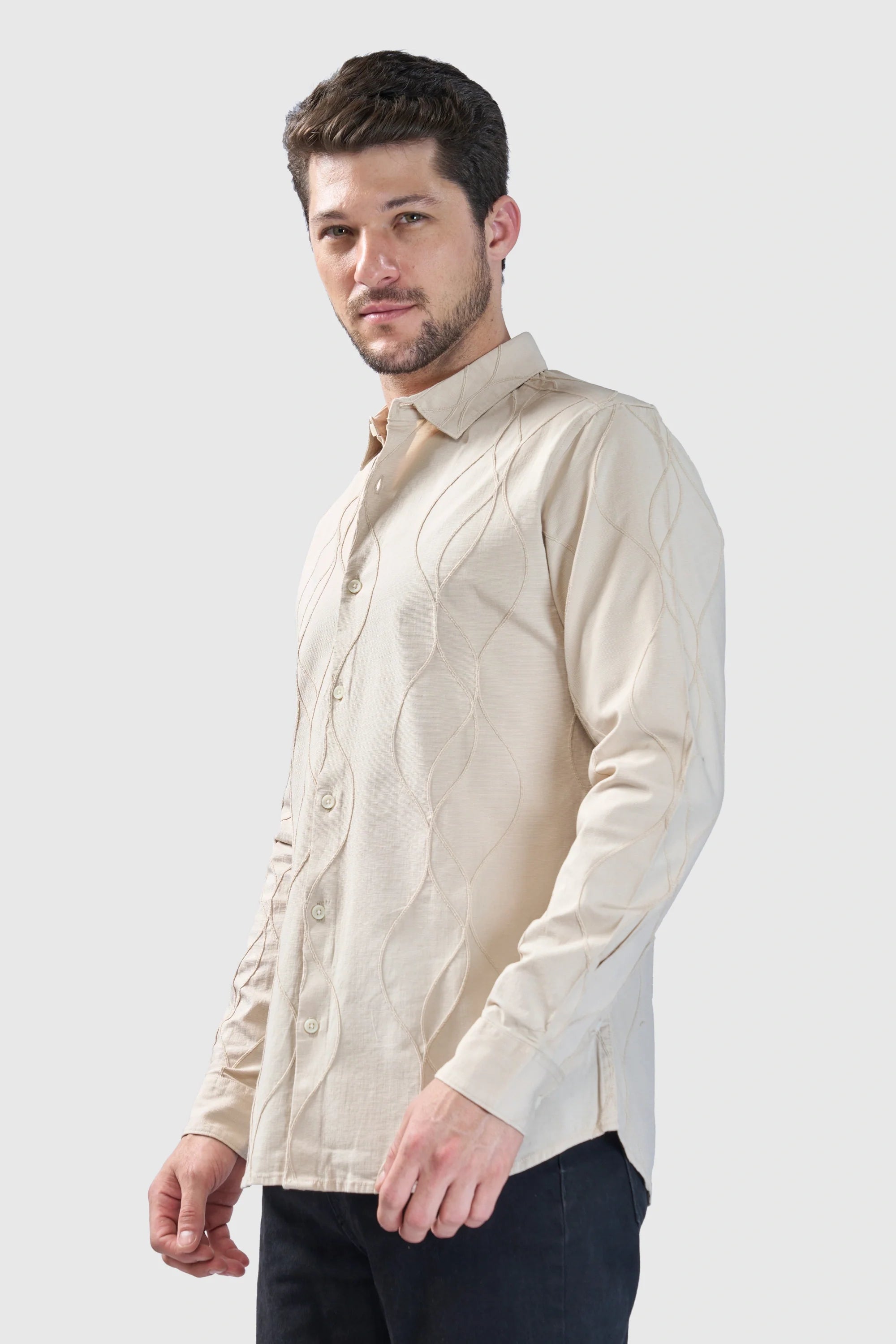 Xkind Beige Embroidery Full Sleeve Slim Fit Shirt