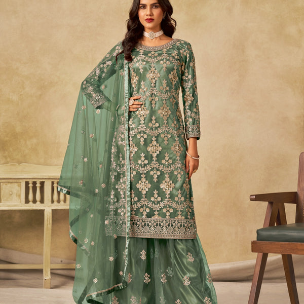 Anaita Green Heavy Net Suit With Embroidery Work - Distacart