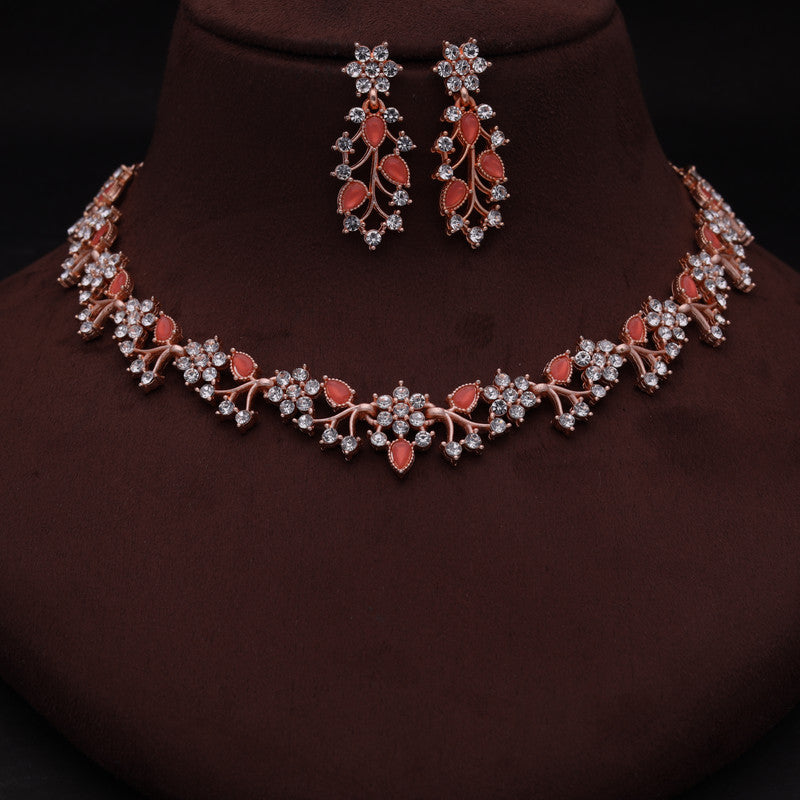 Tehzeeb Creations Rose Gold Pleated White Diamond With Orange Beads Necklace Set - Distacart