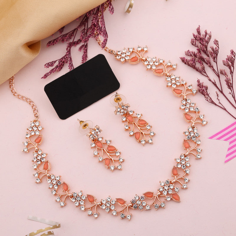 Tehzeeb Creations Rose Gold Pleated White Diamond With Orange Beads Necklace Set - Distacart