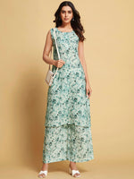 Thumbnail for Sangria Green Floral Printed Sleeveless Straight Linen Kurta & Palazzo