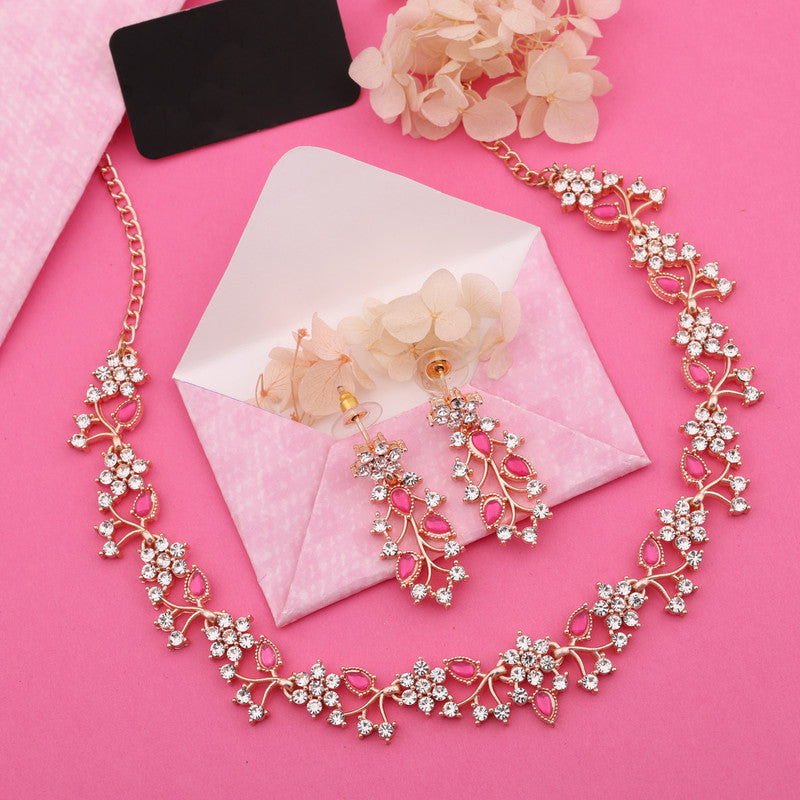 Tehzeeb Creations Rose Gold Pleated White Diamond With Pink Beads Necklace Set - Distacart