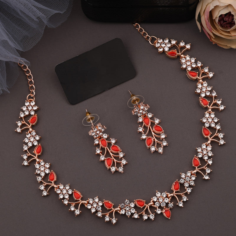 Tehzeeb Creations Rose Gold Pleated White Diamond With Red Beads Necklace Set - Distacart