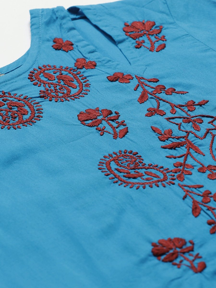 ADA Women Blue & Maroon Chikankari Embroidered High Low Handloom Sustainable Kurta with Trousers - Distacart