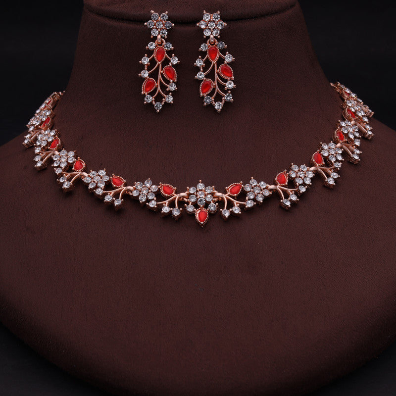 Tehzeeb Creations Rose Gold Pleated White Diamond With Red Beads Necklace Set - Distacart