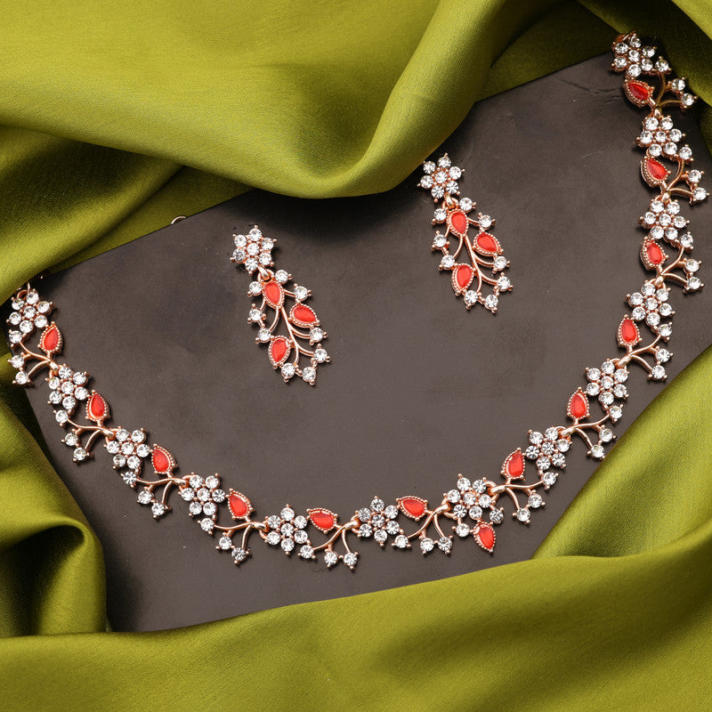 Tehzeeb Creations Rose Gold Pleated White Diamond With Red Beads Necklace Set - Distacart