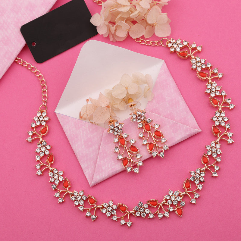 Tehzeeb Creations Rose Gold Pleated White Diamond With Red Beads Necklace Set - Distacart