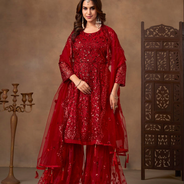 Anaita Red Net Sharara Suit With Heavy Sequin Work - Distacart