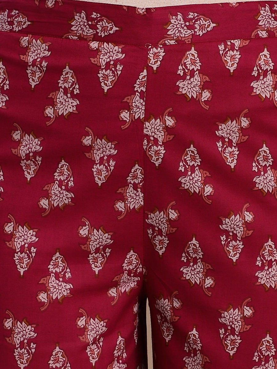 Anouk Maroon Printed Beaded Angrakha Anarkali Pure Cotton Kurta with Trousers & Dupatta