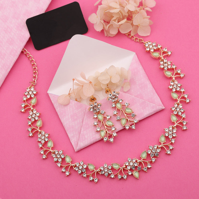 Tehzeeb Creations Rose Gold Pleated White Diamond With Sea Green Beads Necklace Set - Distacart