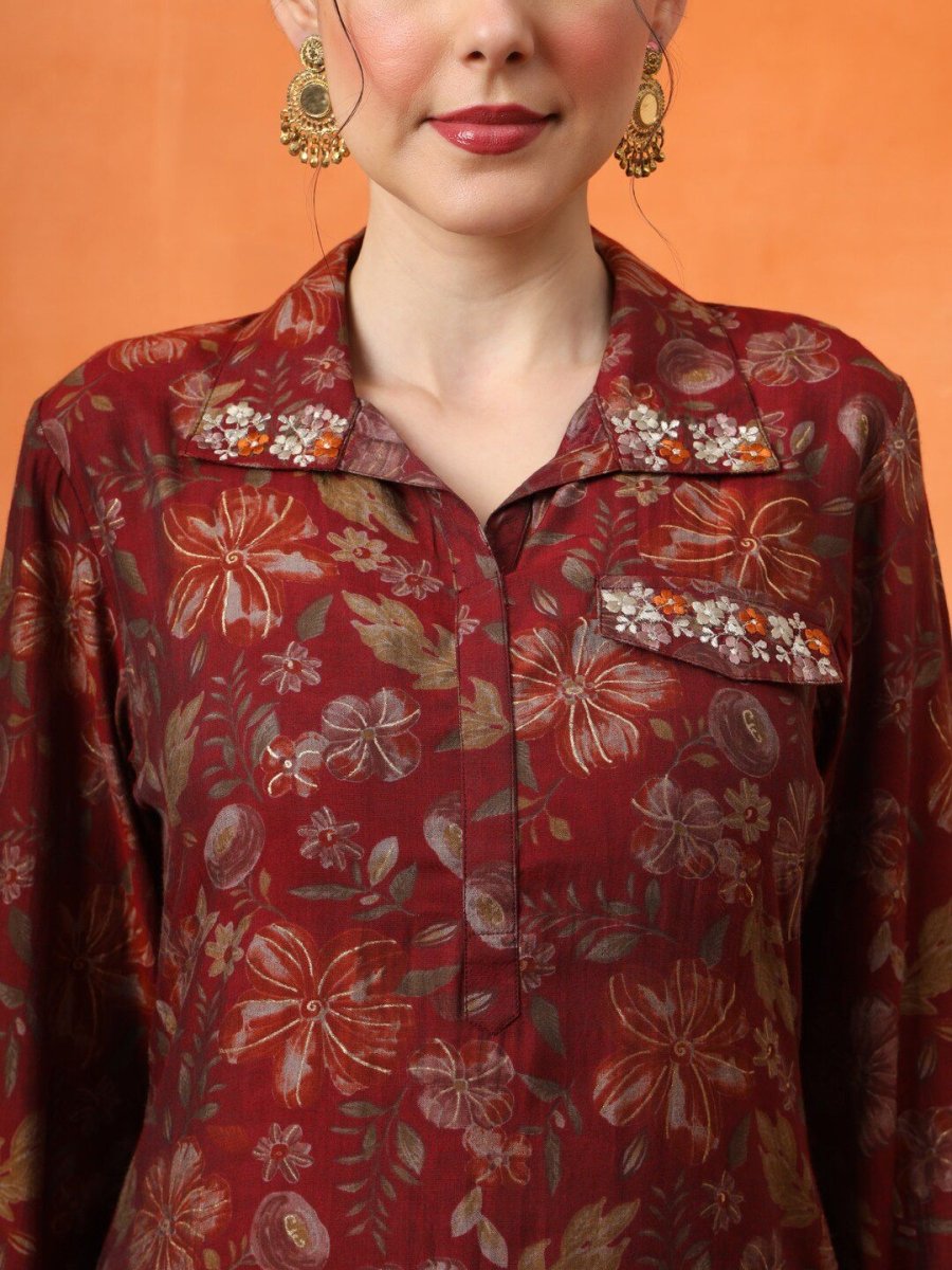 Anouk Floral Embroidered Regular Thread Work Kurta with Trousers - Distacart