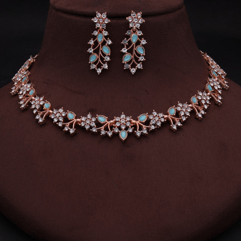 Tehzeeb Creations Rose Gold Pleated White Diamond With Sky Blue Beads Necklace Set - Distacart