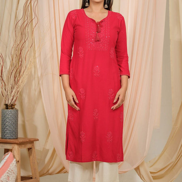 Ode by House of Pataudi Floral Embroidered Tie-Up Neck Thread Work Straight Kurta - Distacart