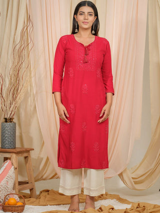 Ode by House of Pataudi Floral Embroidered Tie-Up Neck Thread Work Straight Kurta - Distacart