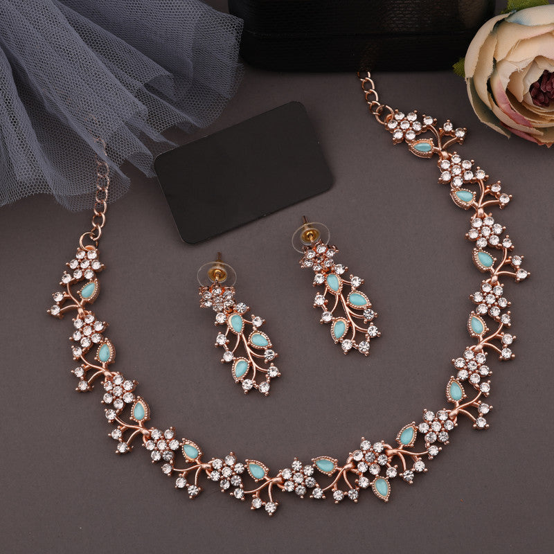Tehzeeb Creations Rose Gold Pleated White Diamond With Sky Blue Beads Necklace Set - Distacart