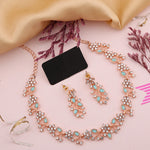 Thumbnail for Tehzeeb Creations Rose Gold Pleated White Diamond With Sky Blue Beads Necklace Set - Distacart